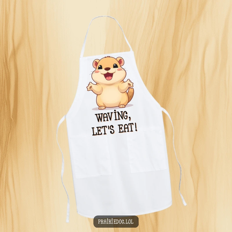 Funny apron depicting a prairie dog with a wide, excited smile, waving its tiny paws, ready for kitchen fun.