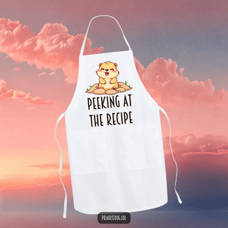 Funny apron with a cute prairie dog popping its head out of a burrow with glee, perfect for adding fun to kitchen tasks.