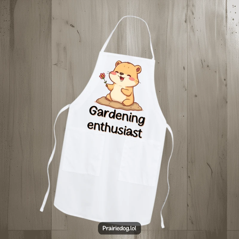 Funny apron depicting a happy prairie dog emerging from its burrow holding a small flower, perfect for cooking.