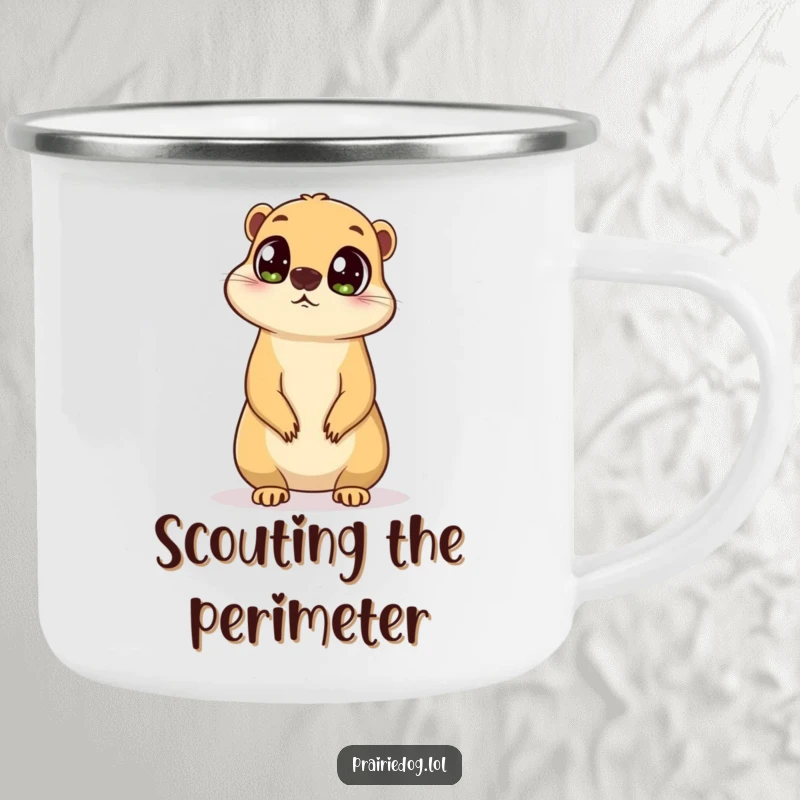 Funny camping mug with a prairie dog featuring big, curious eyes, standing on its hind legs and surveying.