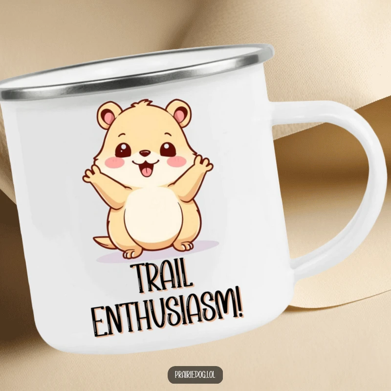 Funny prairie dog waving energetically on a sturdy camping mug, ideal for enjoying drinks during outdoor excursions.