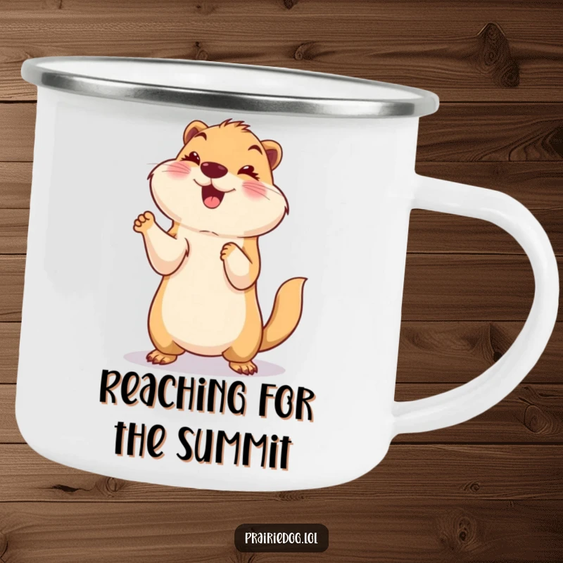 Funny camping mug with a smiling prairie dog standing on its hind legs with paws up in a playful celebration, bringing fun to camp.