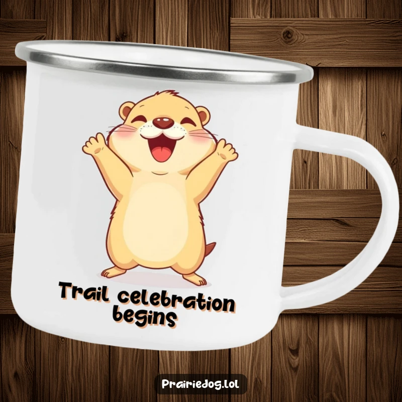 Funny camping mug showing a prairie dog mid-celebratory jump with its front paws raised high in excitement.