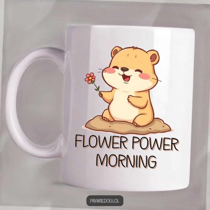 Funny mug with a happy prairie dog popping its head out of its burrow, holding a tiny flower, radiating cuteness.