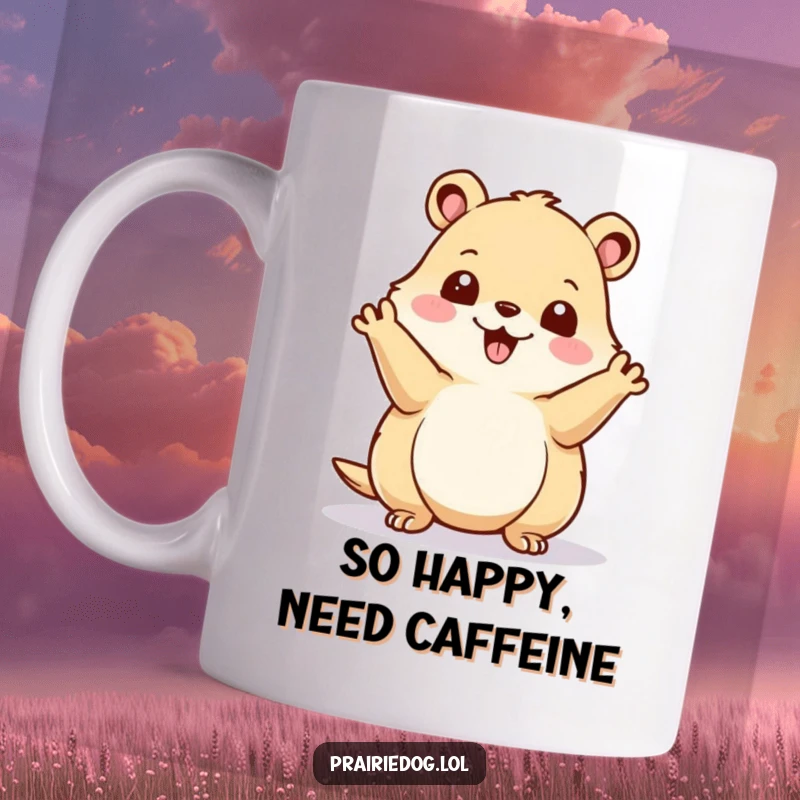 Funny prairie dog energetically waving its tiny paws with a happy expression on a ceramic mug, conveying pure joy.