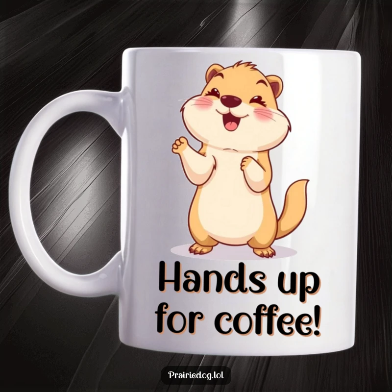 Funny mug of a smiling prairie dog standing on its hind legs with its paws held playfully up in the air, full of happy energy.