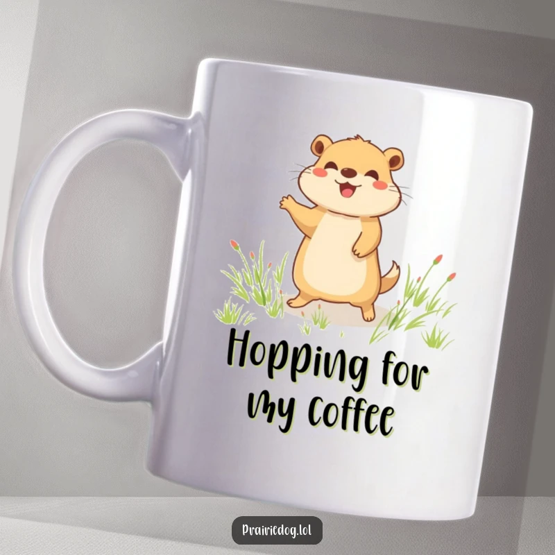 Funny mug displaying a joyful prairie dog character performing a happy little hop in a lush grassy field, full of energetic delight.