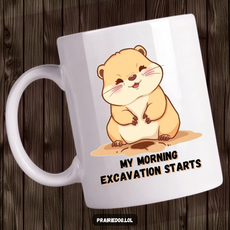 Funny prairie dog mug with a cute animal digging a hole playfully with its front claws, charming and humorous