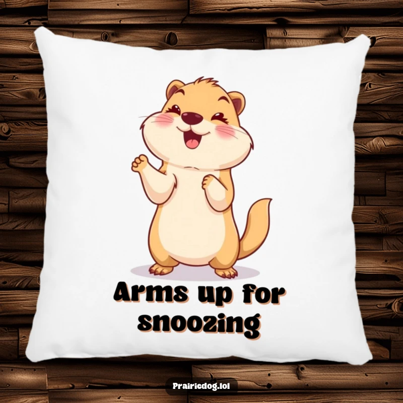 Funny pillow featuring a smiling prairie dog standing on its hind legs with paws up in a celebratory gesture, offering cozy humor.