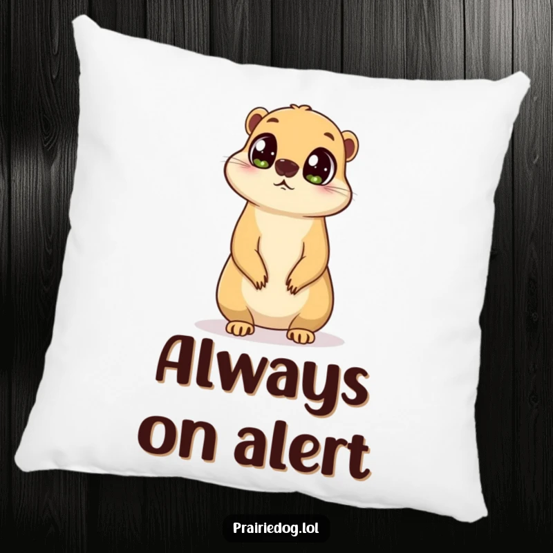 Funny pillow featuring a prairie dog with wide, curious eyes, standing on its hind legs and surveying its surroundings.