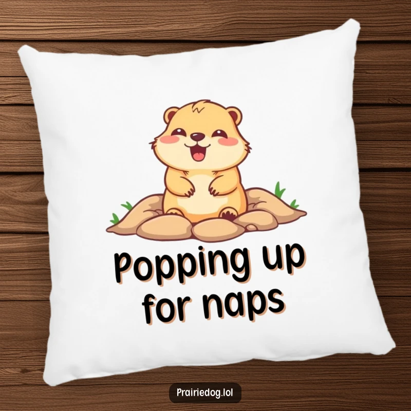 Funny pillow featuring a cute prairie dog popping out of a burrow with a gleeful expression, offering cozy humor and charm.