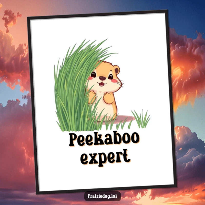 Funny prairie dog peeking from behind grass, available as a downloadable digital art print for immediate, humorous display.