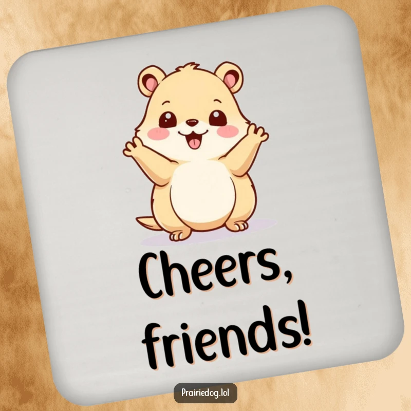 Funny prairie dog waving happily on a set of durable drink coasters, adding a cheerful and humorous touch to tabletops.