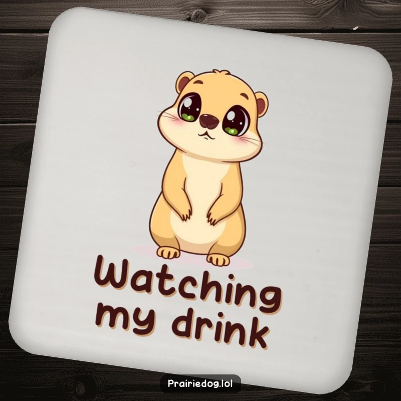 Funny drink coaster showing a prairie dog with big, curious eyes, standing on its hind legs and surveying.