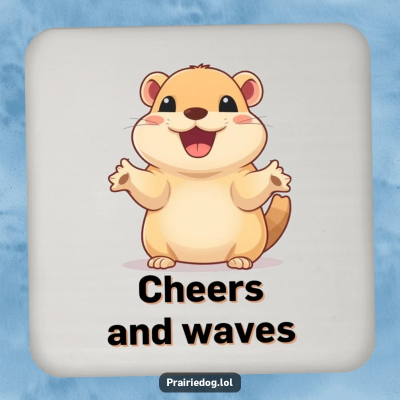 Funny drink coaster with a prairie dog sporting a wide, excited smile while waving its tiny paws.