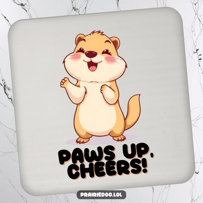 Funny drink coaster with a smiling prairie dog standing on its hind legs with paws up in a playful celebration, adding charm.