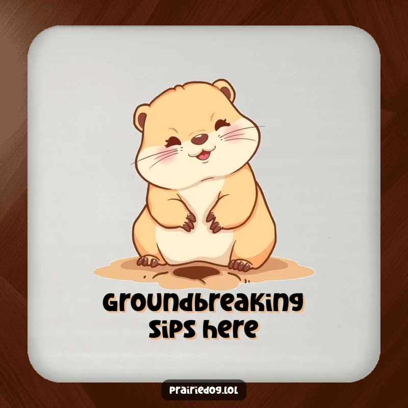 Funny prairie dog drink coaster featuring a cute animal digging a hole with its front claws, perfect for humorous table protection