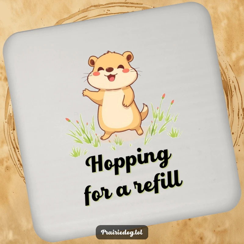 Funny drink coaster with a joyful prairie dog character doing a happy little hop in a grassy field, adding charm.