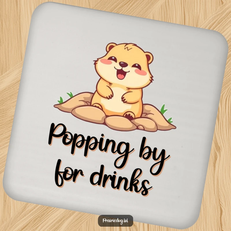 Funny drink coaster with a cute prairie dog popping out of a burrow with glee, adding charm and protection.