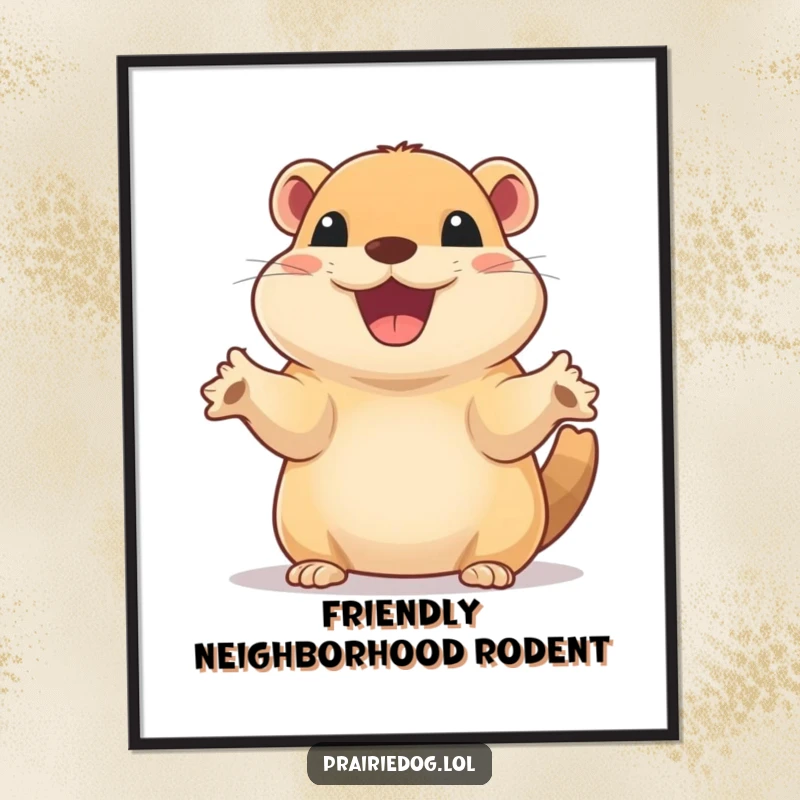 Funny poster illustration of a prairie dog with a huge, excited smile, waving its small paws energetically.