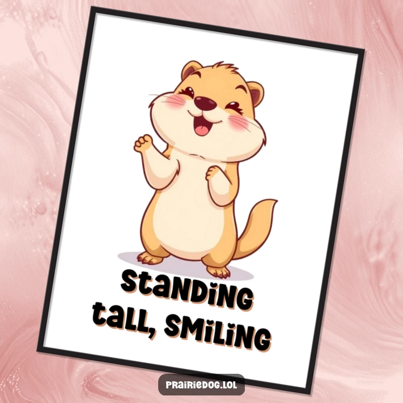 Funny poster print of a smiling prairie dog character standing on its hind legs with paws raised high in a joyous, celebratory pose.