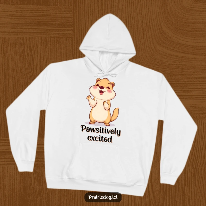 Funny hoodie showcasing a smiling prairie dog standing on its hind legs with paws up in a gesture of playful celebration, perfect for comfort.