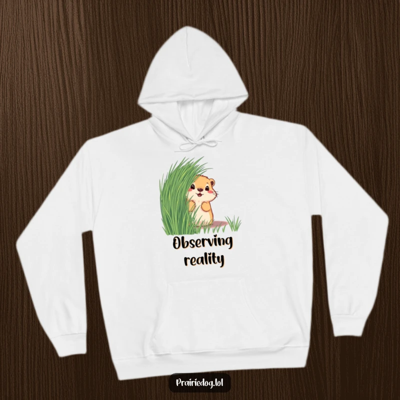 Funny prairie dog peeking from behind grass on a warm, comfortable hoodie, a delightful and amusing gift for winter.