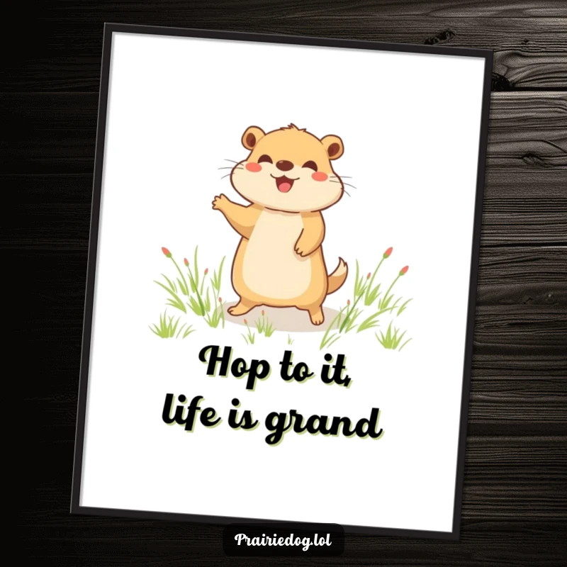 Funny Free Printable Wall Art: A joyful prairie dog character doing a happy little hop in a grassy field.