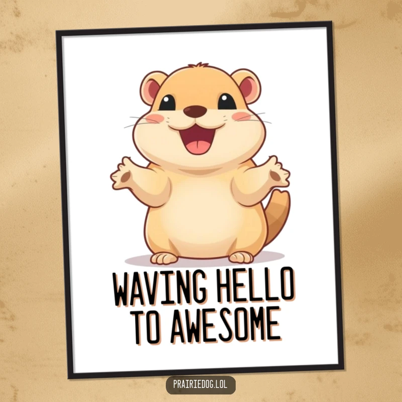 Funny Free Printable Wall Art: Prairie dog with excited smile waves tiny paws, radiating cheerful and humorous energy.
