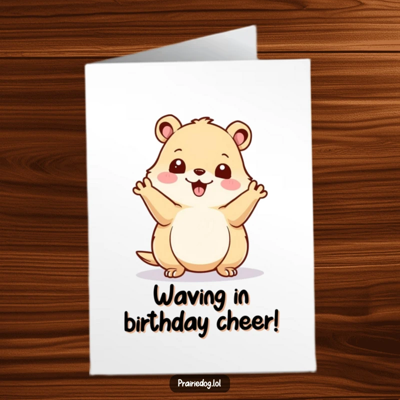 Funny Free Printable birthday card with a happy prairie dog energetically waving its tiny paws, full of excitement.