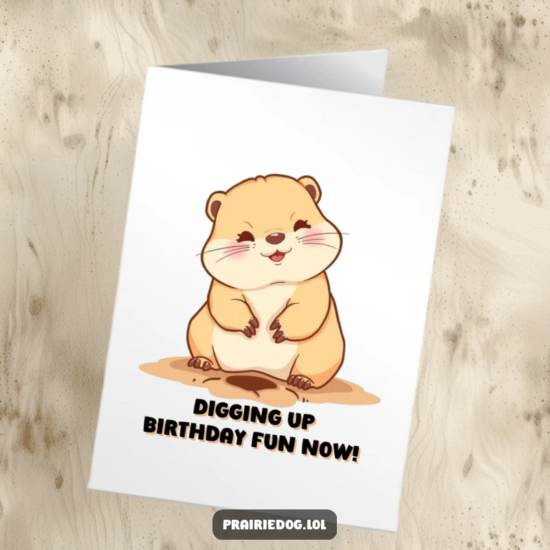 Funny Free Printable Birthday Card featuring a happy prairie dog playfully digging a small hole with its tiny claws.