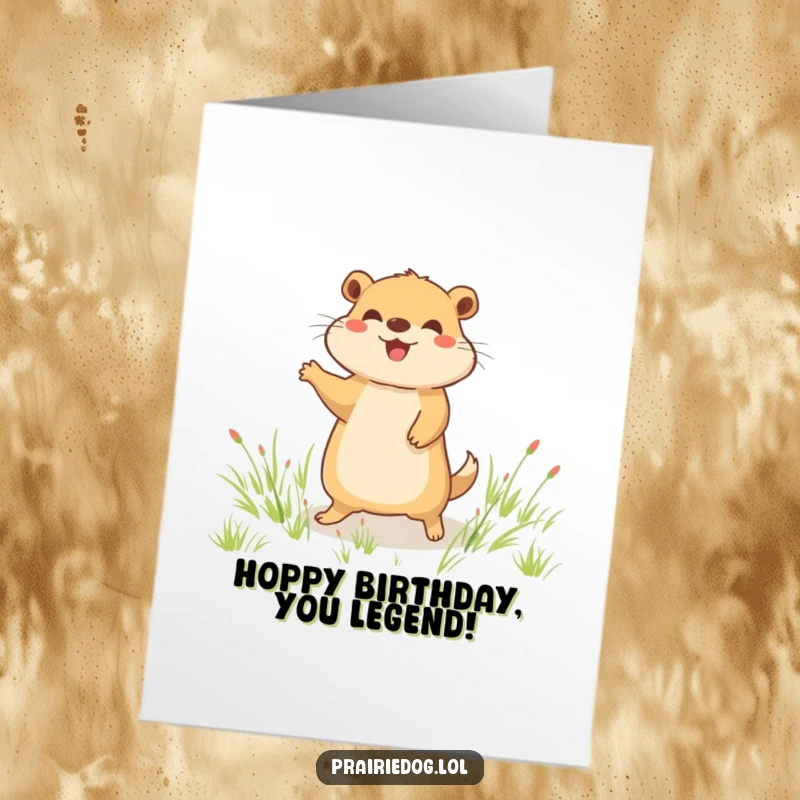 Funny Free Printable Birthday Card: Joyful prairie dog doing a happy little hop in a grassy field, celebrating.