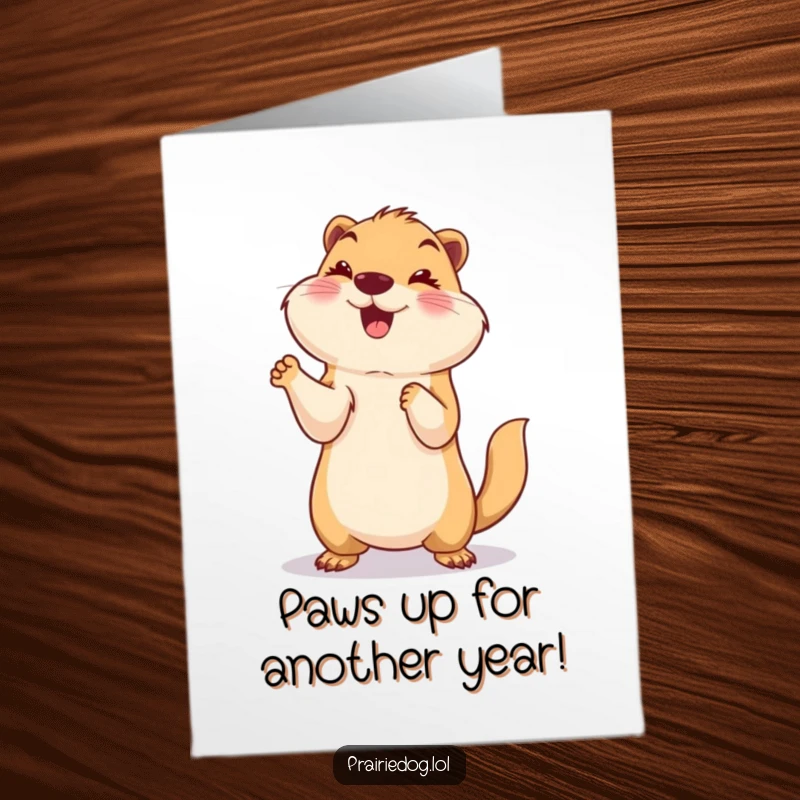 Funny Free Printable Birthday Card: Smiling prairie dog standing on hind legs with paws up, cheering happily.