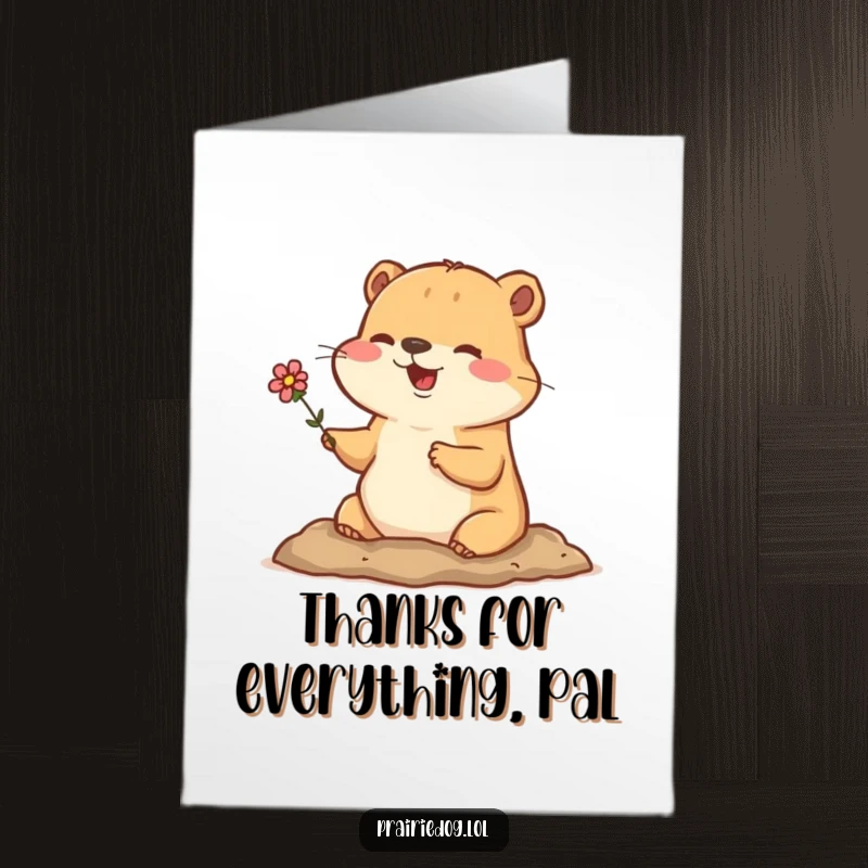Funny Free Printable Thank You Card: Happy prairie dog holding a flower, emerging from its burrow to express sincere gratitude.