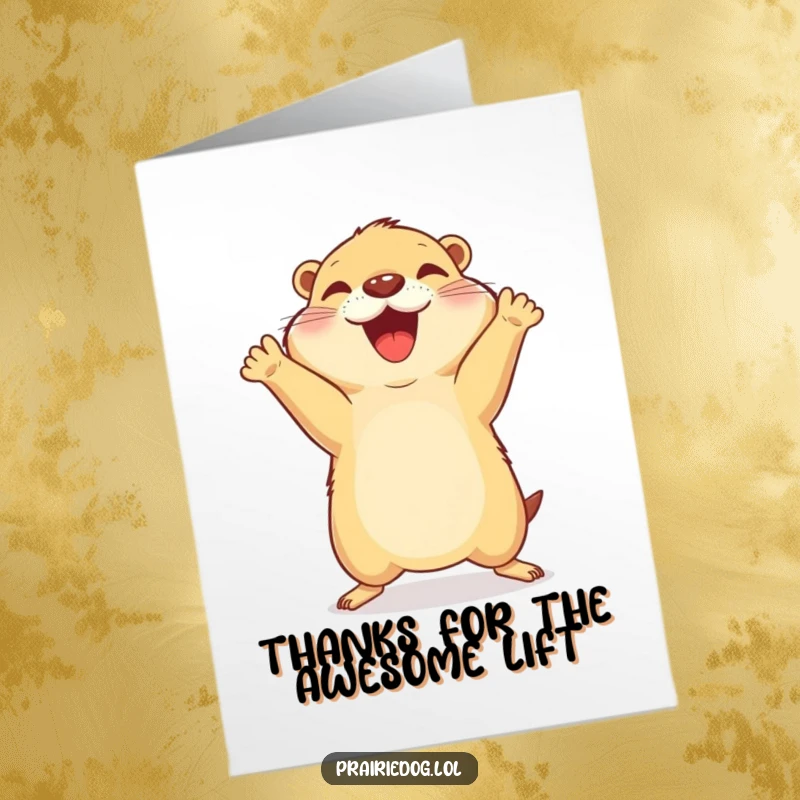 Funny Free Printable Thank You Card: Joyful prairie dog jumping with paws in the air, expressing energetic gratitude humorously.