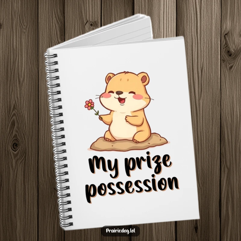 Funny notebook cover with a happy prairie dog holding a tiny flower, emerging from its burrow, ready for notes.
