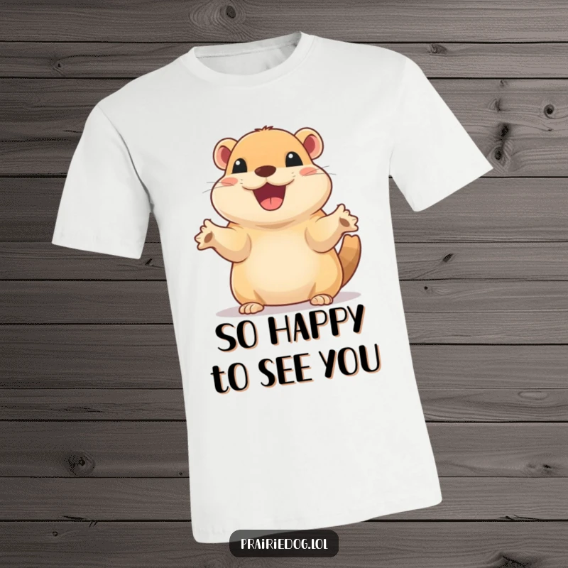 Funny t-shirt featuring a prairie dog with a big, excited smile, energetically waving its small paws.