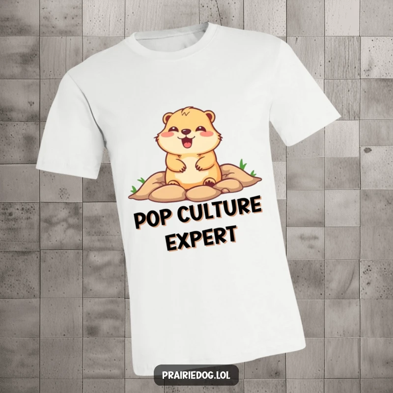 Funny t-shirt showcasing a cute prairie dog with its head peeking out of a burrow, radiating happiness and playful charm.