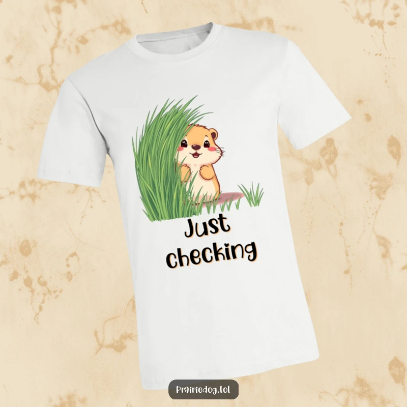 Funny prairie dog peeking mischievously from behind tall grass on a soft cotton t-shirt, capturing a moment of playful curiosity.