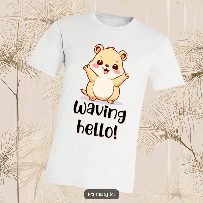 Funny prairie dog enthusiastically waving its paws on a soft cotton t-shirt, radiating happiness and energetic greetings.