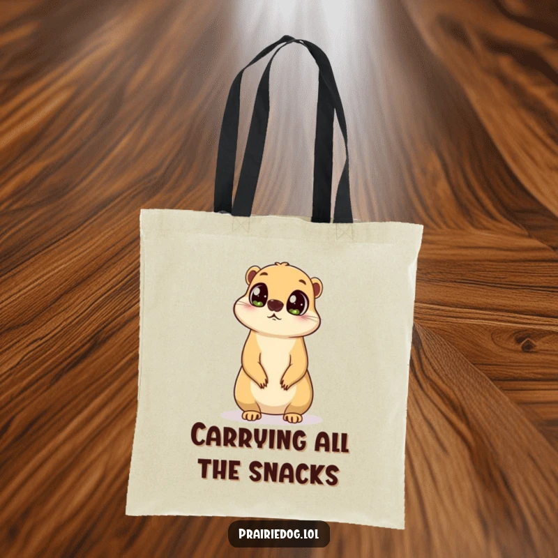 Funny tote bag with a prairie dog featuring big, curious eyes, standing on its hind legs, surveying the area.