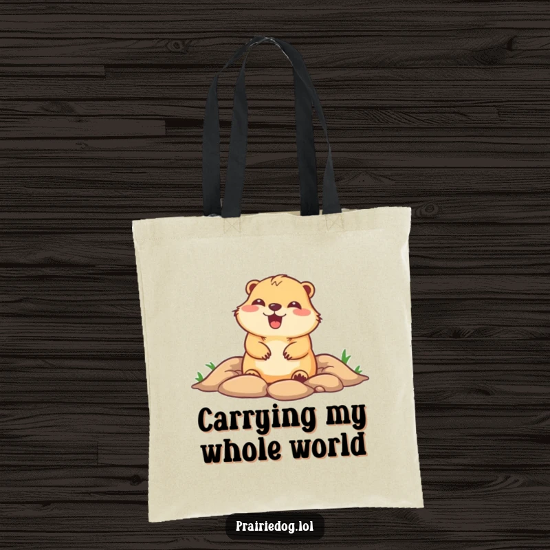 Funny tote bag featuring a cute prairie dog popping its head out of a burrow with a gleeful expression, perfect for carrying essentials with humor.