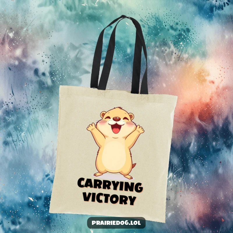 Funny tote bag with a prairie dog in a joyful celebratory jump, front paws lifted high in excitement.