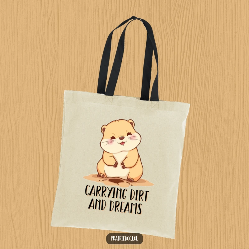 Funny prairie dog tote bag featuring an animal digging a hole with its front claws, stylish and humorous accessory