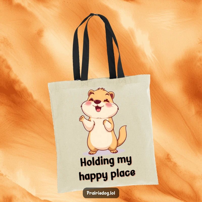 Funny tote bag featuring a smiling prairie dog standing on its hind legs with paws up in a playful celebration, perfect for carrying essentials.